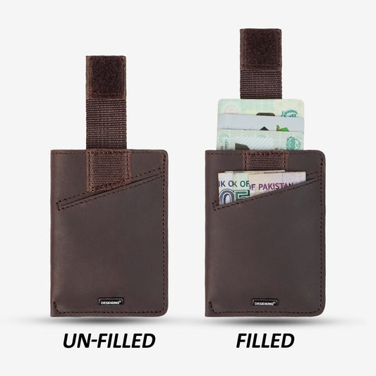 Dark brown genuine leather card holder with 8 card slots, 2 cash compartments, and a slim, stylish design for everyday use