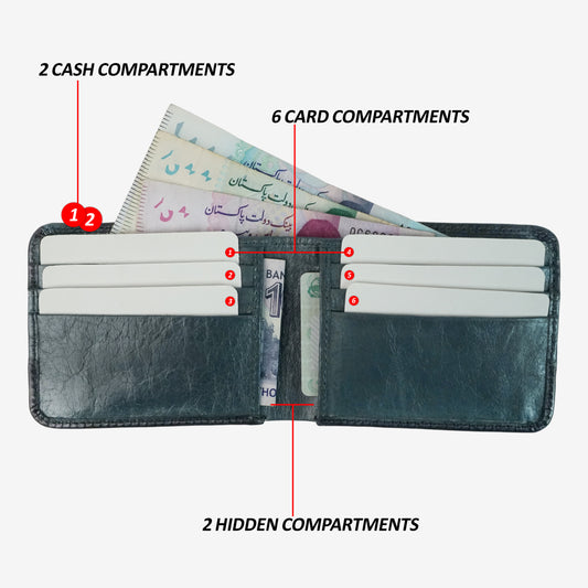 Black-blue bi-fold wallet made from genuine leather with two cash pockets and eight card slots—durable, classic, and designed for organized, easy access to essentials.