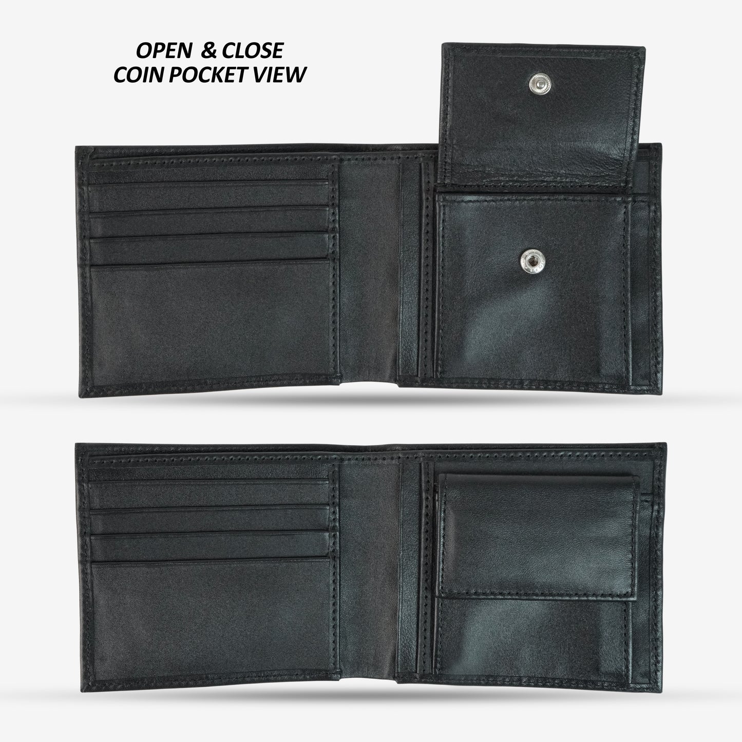 Classic black genuine leather wallet with multiple card slots, cash compartments, a coin pocket, and hidden cash storage for organized essentials