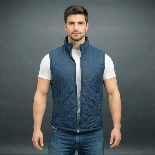 Men’s navy double diamond pattern puffer vest with front zip, two side pockets, and one inside pocket, lightweight and ideal for layering