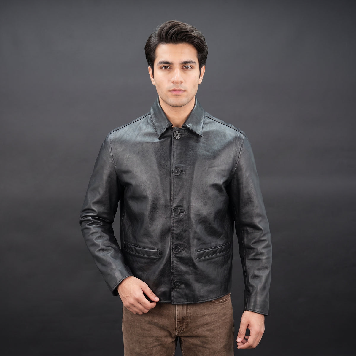 Black Genuine Leather Button Down Leather Jacket
