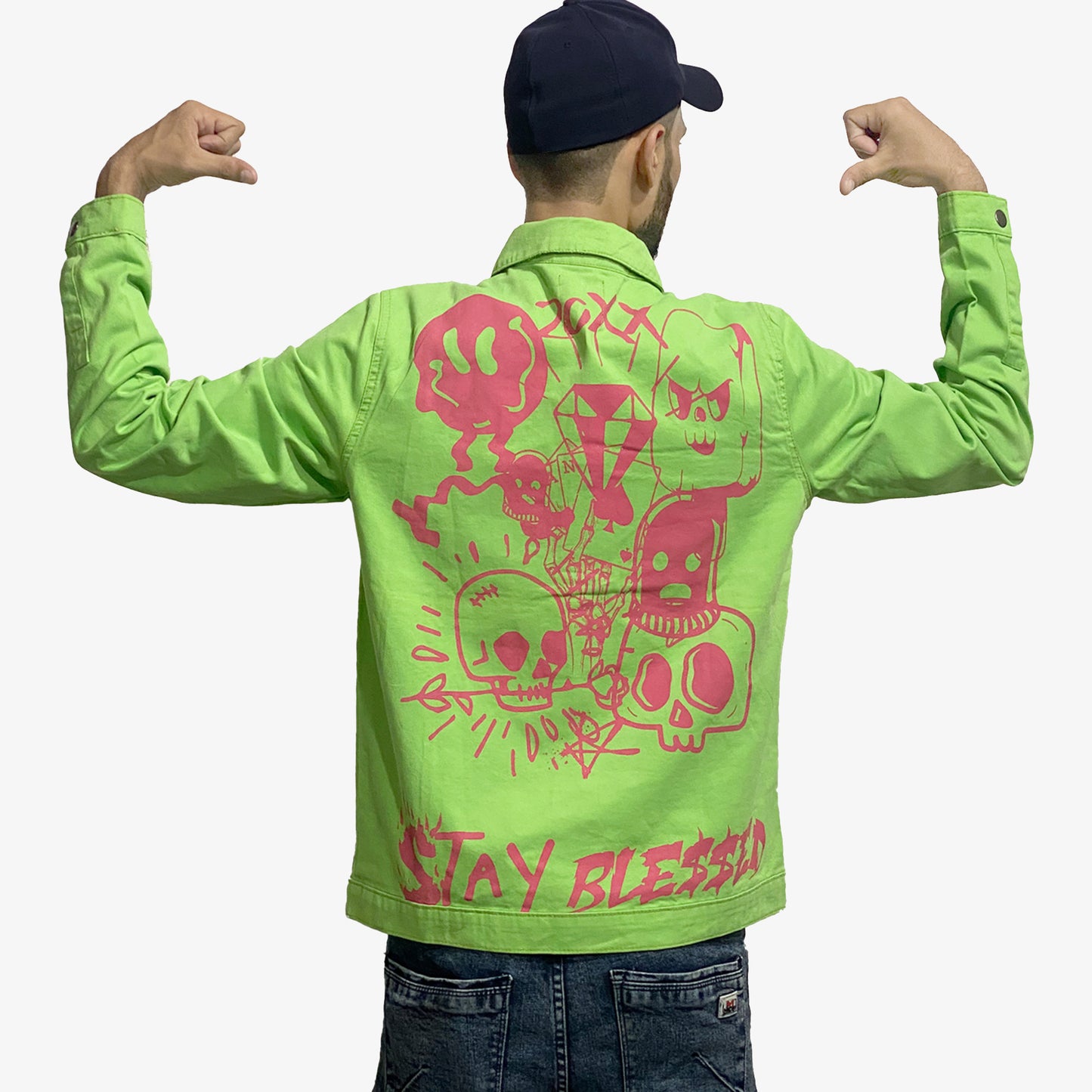 Men's Stay Blessed Back Printed Denim Button Jacket