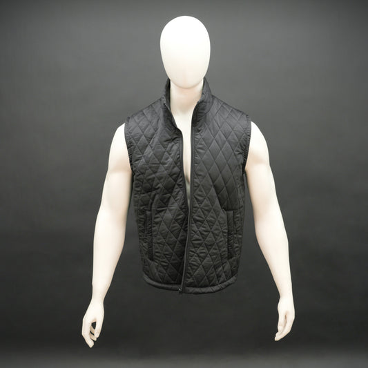 Lightweight black quilted sleeveless  puffer vest with zip closure, side and inside pockets, ideal for layering