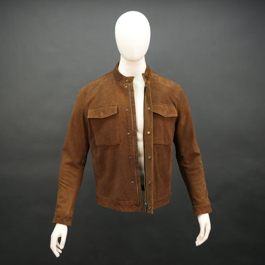 Brown suede leather jacket with front pocket and unique button and zip opening