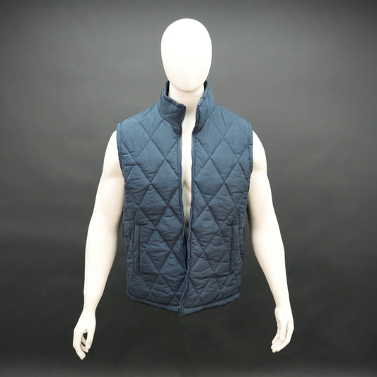 Navy sleeveless puffer vest with zip, side and inside pockets, lightweight for layering