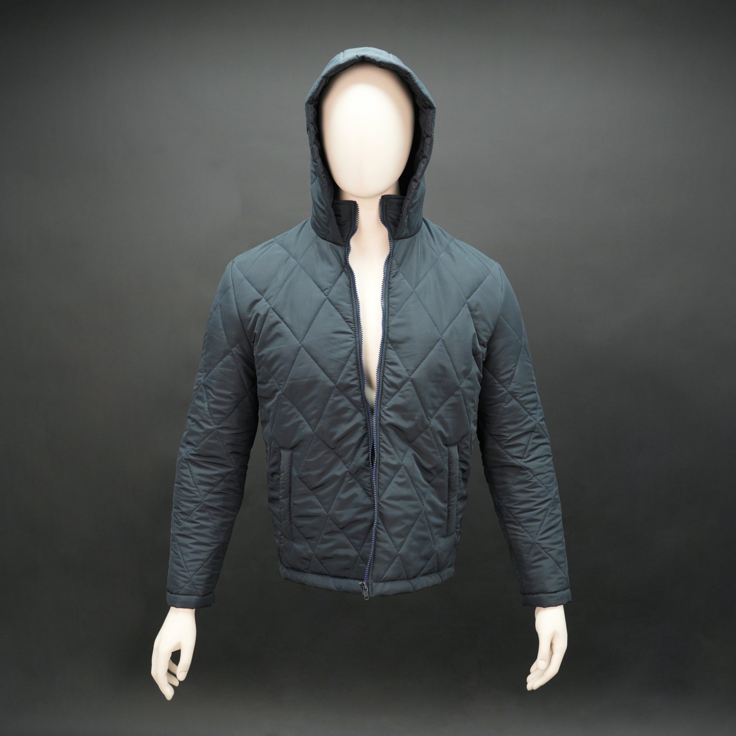 Navy full-sleeve puffer jacket with zip and hood, side and inner pockets, suitable for cold and windy weather