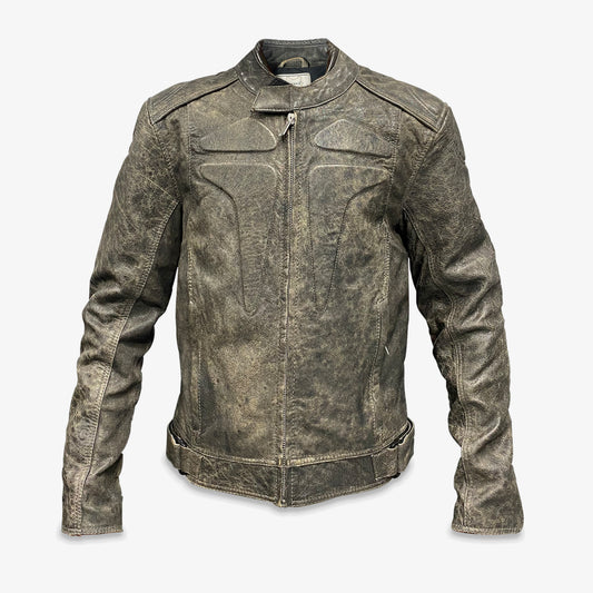 Beige and grey sheep leather motorbike jacket with sheep wool blend, trendy wash effect, two front pockets, zip closure, and comfortable, flattering fit