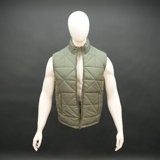 Green sleeveless puffer vest with zip closure, side and inner pockets, lightweight and ideal for layering.