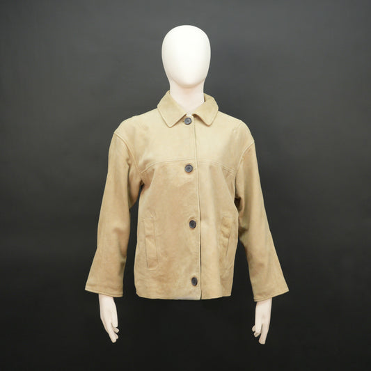 Beige suede leather jacket with tailored fit, elegant button opening, and front side pockets