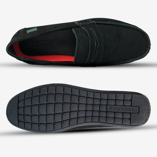 Black handcrafted shoe with cow suede leather upper, sheep leather lining, cushioned insoles, Texon insole, and TPR sole