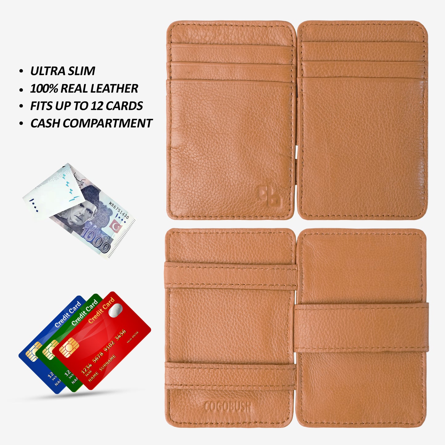 Sleek brown Magic Wallet with two cash pockets and twelve card slots for organized, elegant storage