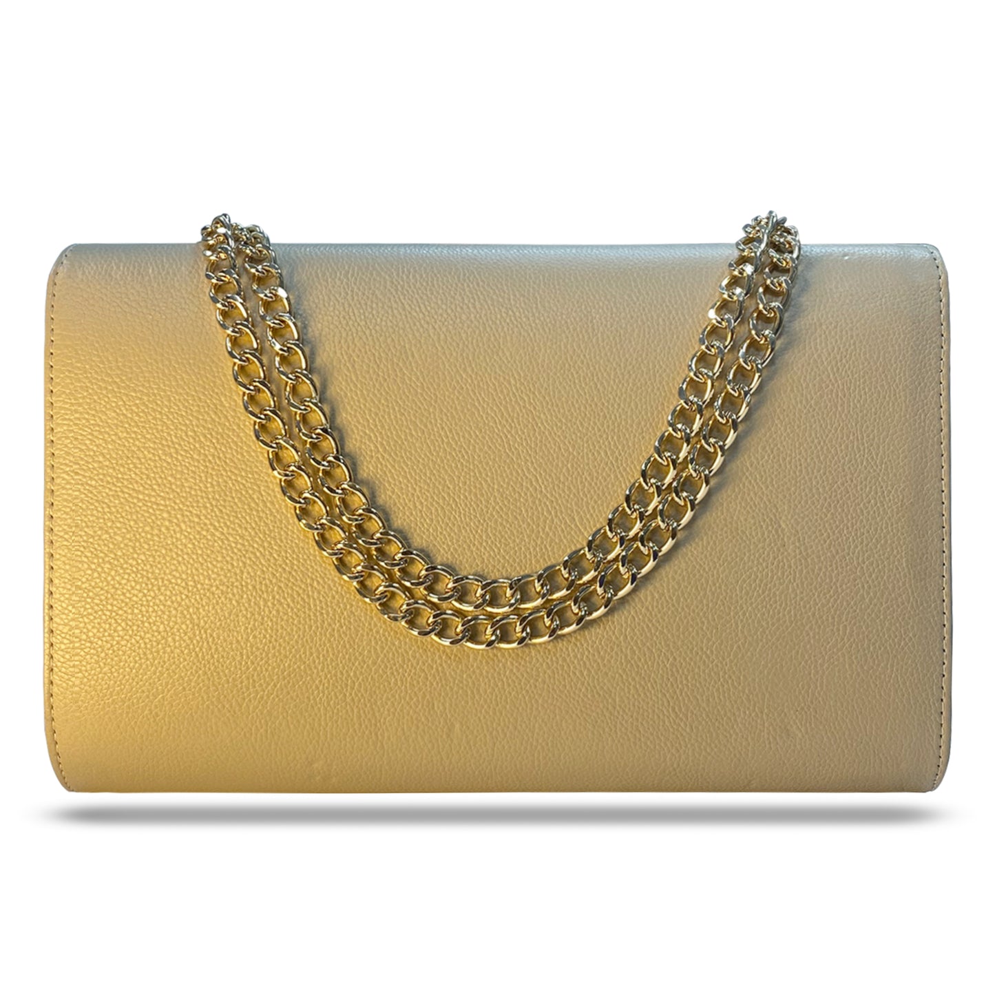 Beige crossbody bag made of premium leather with long chain strap, two open pockets, and versatile design for casual and formal occasions