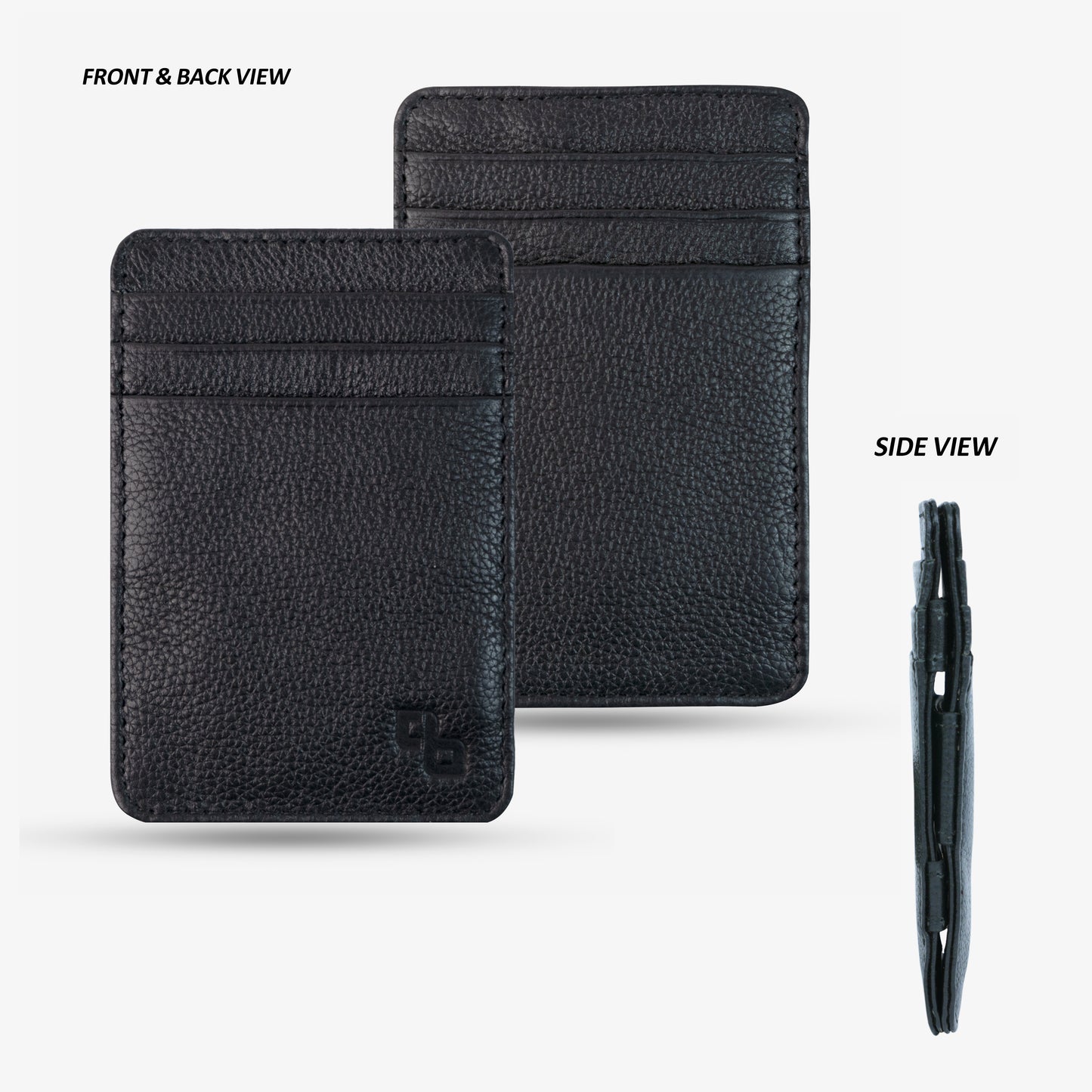 Sleek black Magic Wallet with two cash pockets and twelve card slots for organized, elegant storage