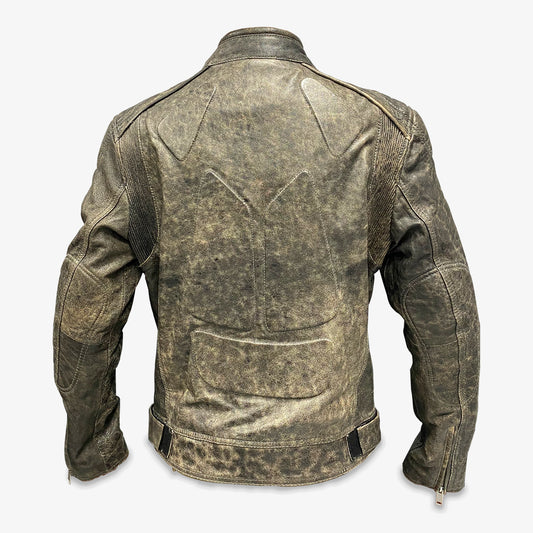 Beige and grey sheep leather motorbike jacket with sheep wool blend, trendy wash effect, two front pockets, zip closure, and comfortable, flattering fit