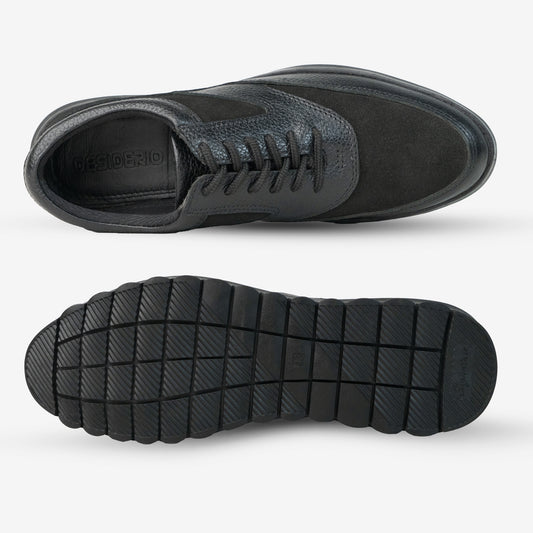 Footwear with premium cow suede leather uppers, soft sheep leather lining, supportive Texon insole, and durable TPR sole for grip and long-lasting wear