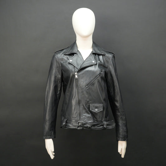 Black sheep leather jacket with adjustable waist belt, two front side pockets, one inside pocket, and zip flap closure