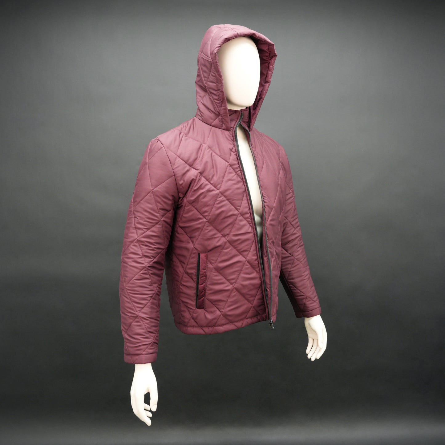 Maroon full-sleeve puffer jacket with zip and hood, side and inner pockets, suitable for cold and windy weather
