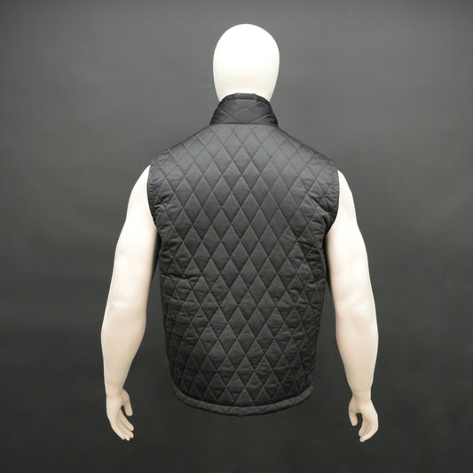 Lightweight black quilted sleeveless  puffer vest with zip closure, side and inside pockets, ideal for layering