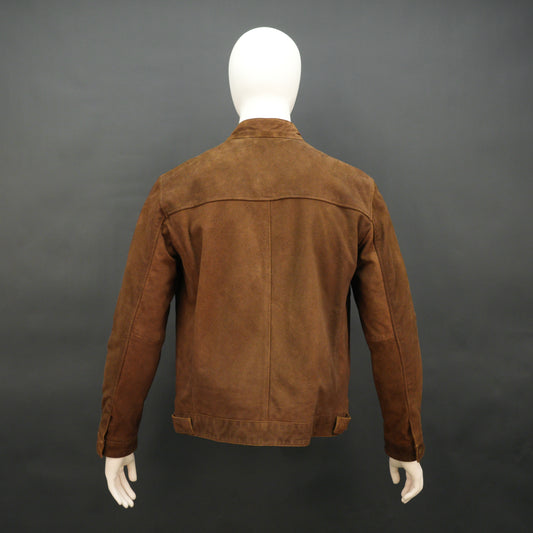 Brown suede leather jacket with front pocket and unique button and zip opening