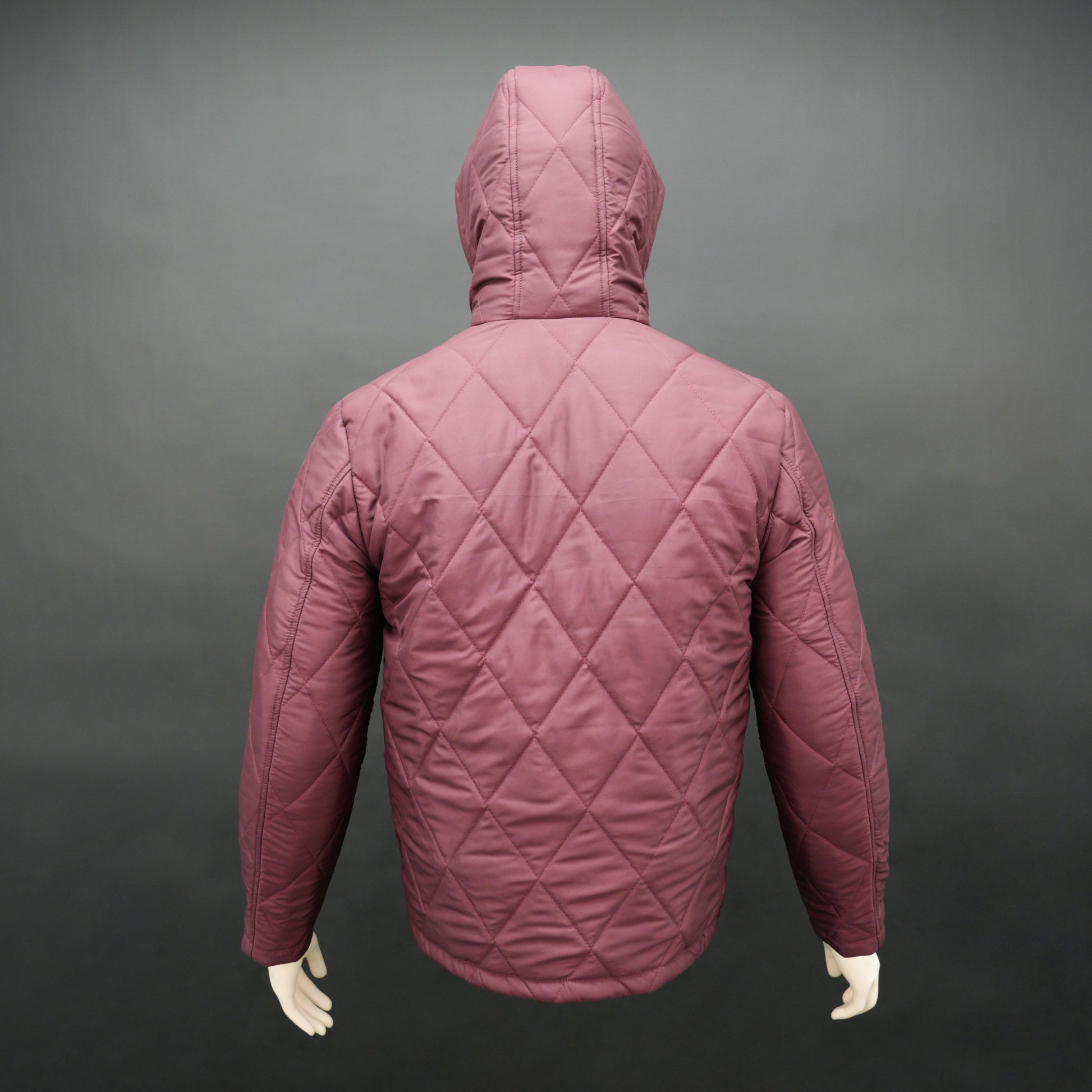 Maroon full-sleeve puffer jacket with zip and hood, side and inner pockets, suitable for cold and windy weather