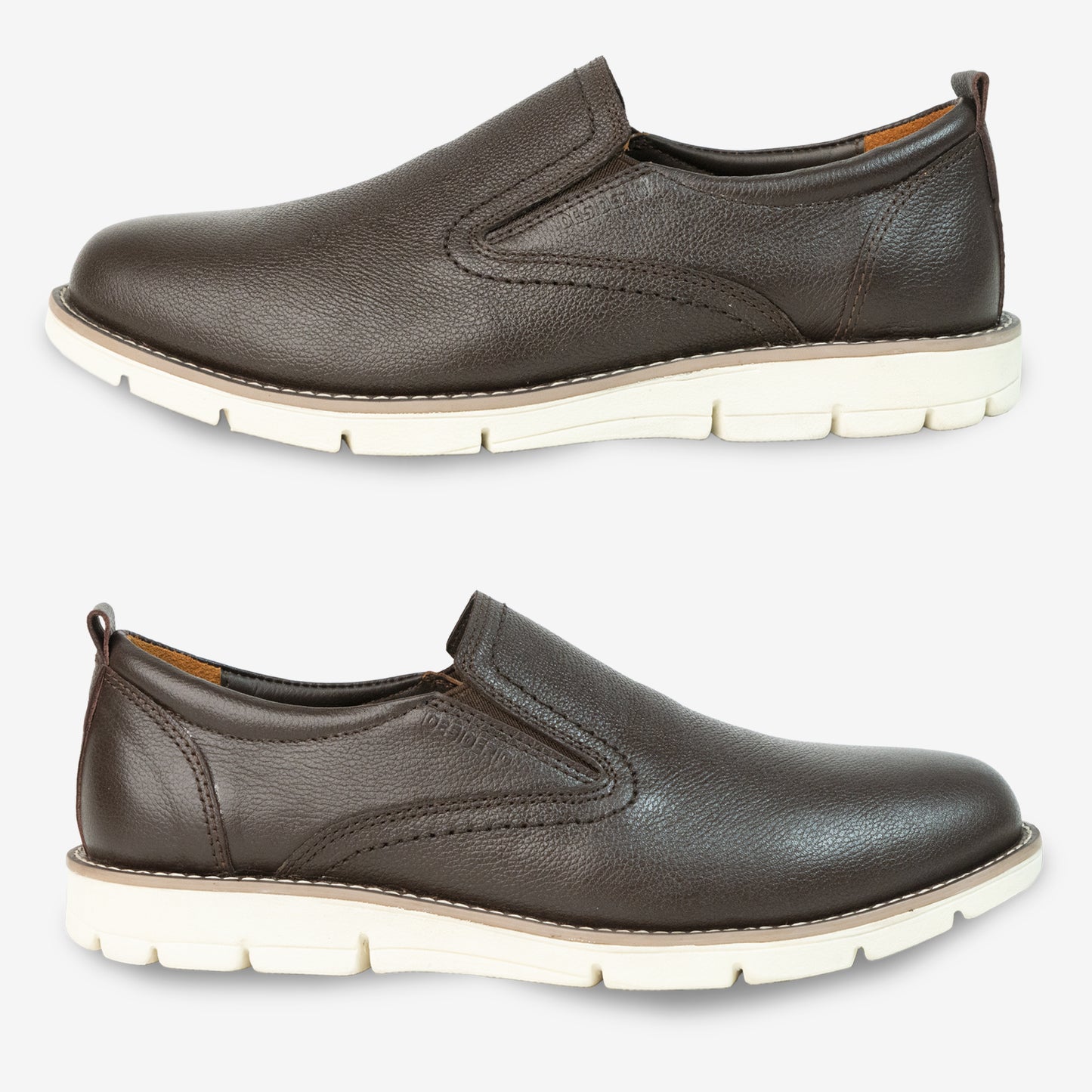 Brown genuine cow leather milled loafer featuring soft sheep lining, stable Texon insole, and flexible EVA sole for all-day comfort