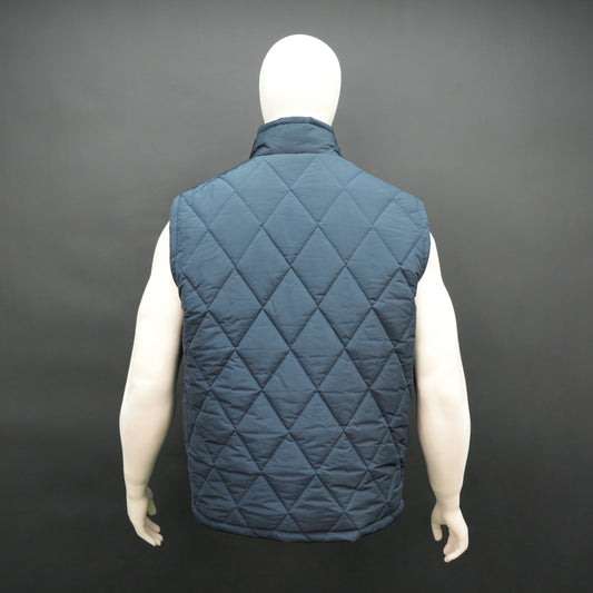Navy sleeveless puffer vest with zip, side and inside pockets, lightweight for layering