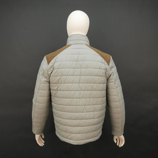 Grey full-sleeve two-tone puffer jacket with snap pockets, quilted insulation, inner compartments, and zip closure