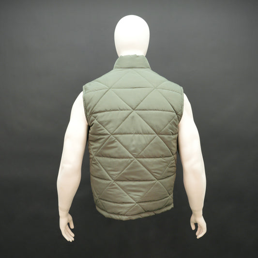 Green sleeveless puffer vest with zip closure, side and inner pockets, lightweight and ideal for layering.