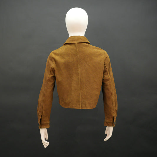 Mustard Brown suede leather jacket with front side pockets and button closure