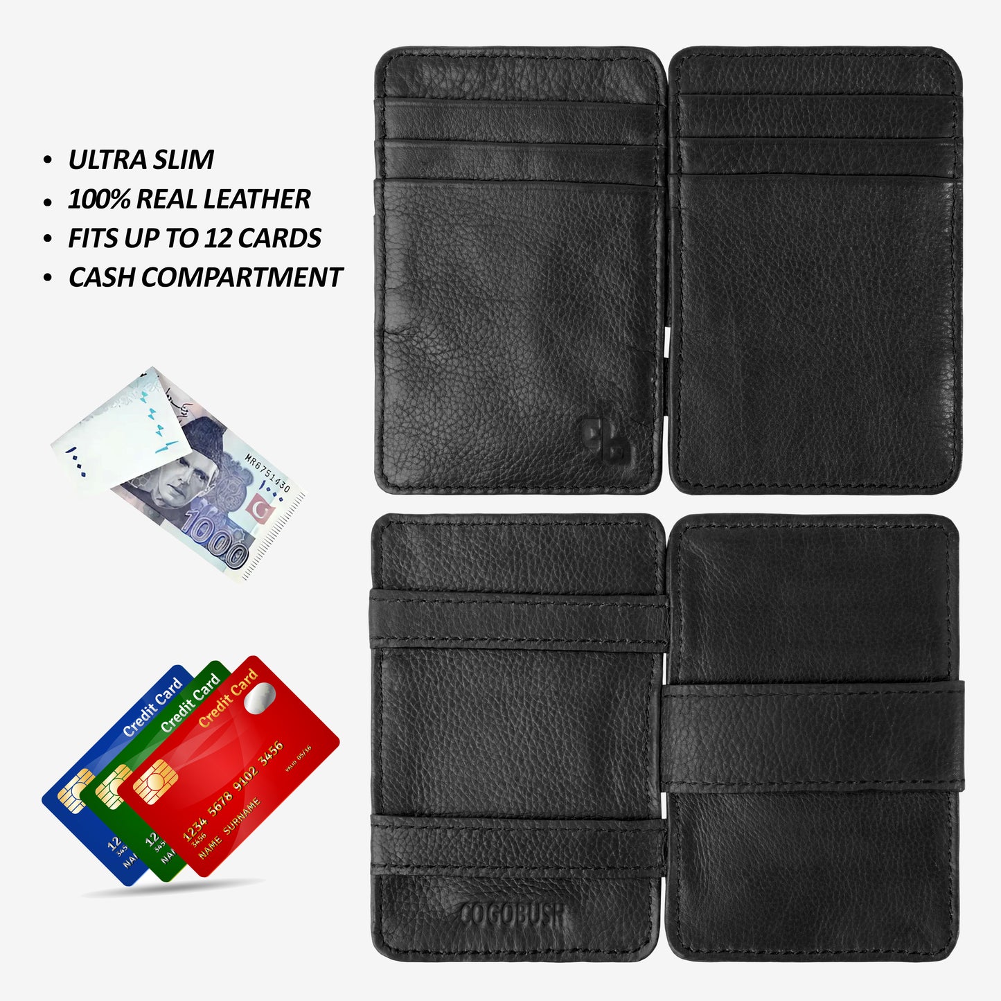 Sleek black Magic Wallet with two cash pockets and twelve card slots for organized, elegant storage