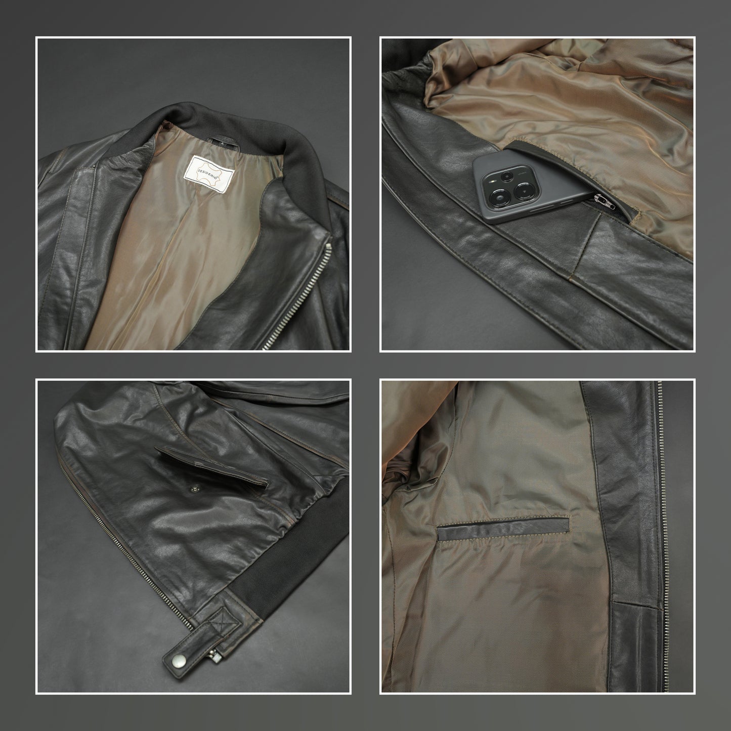 Black jacket with front zip closure, snap-button cuffs, one left arm pocket, two side pockets, and two inside pockets, combining stylish design with functional storage