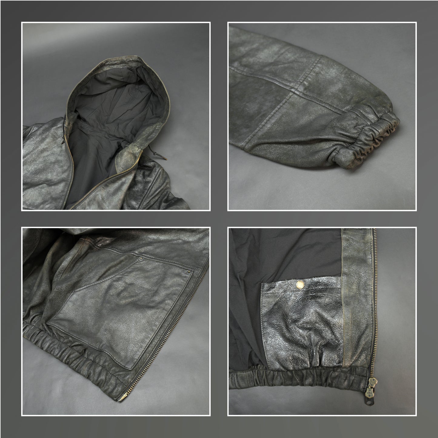 Black hoodie-style jacket made from genuine sheep leather (veg ranger), featuring a front zip closure, adjustable hood, two side pockets, and one inside pocket