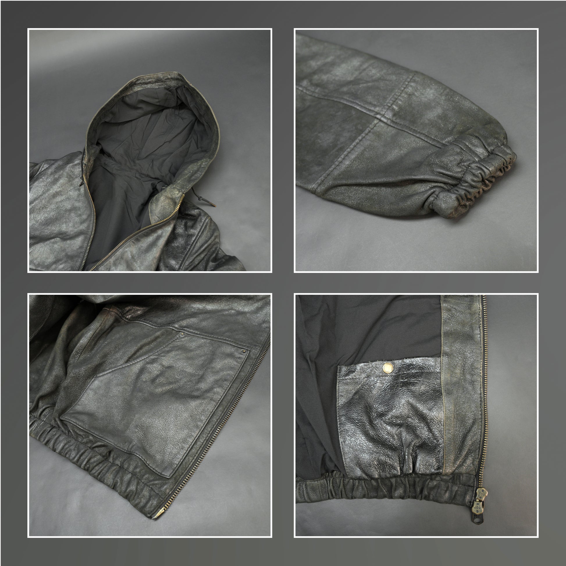 Black hoodie-style jacket made from genuine sheep leather (veg ranger), featuring a front zip closure, adjustable hood, two side pockets, and one inside pocket