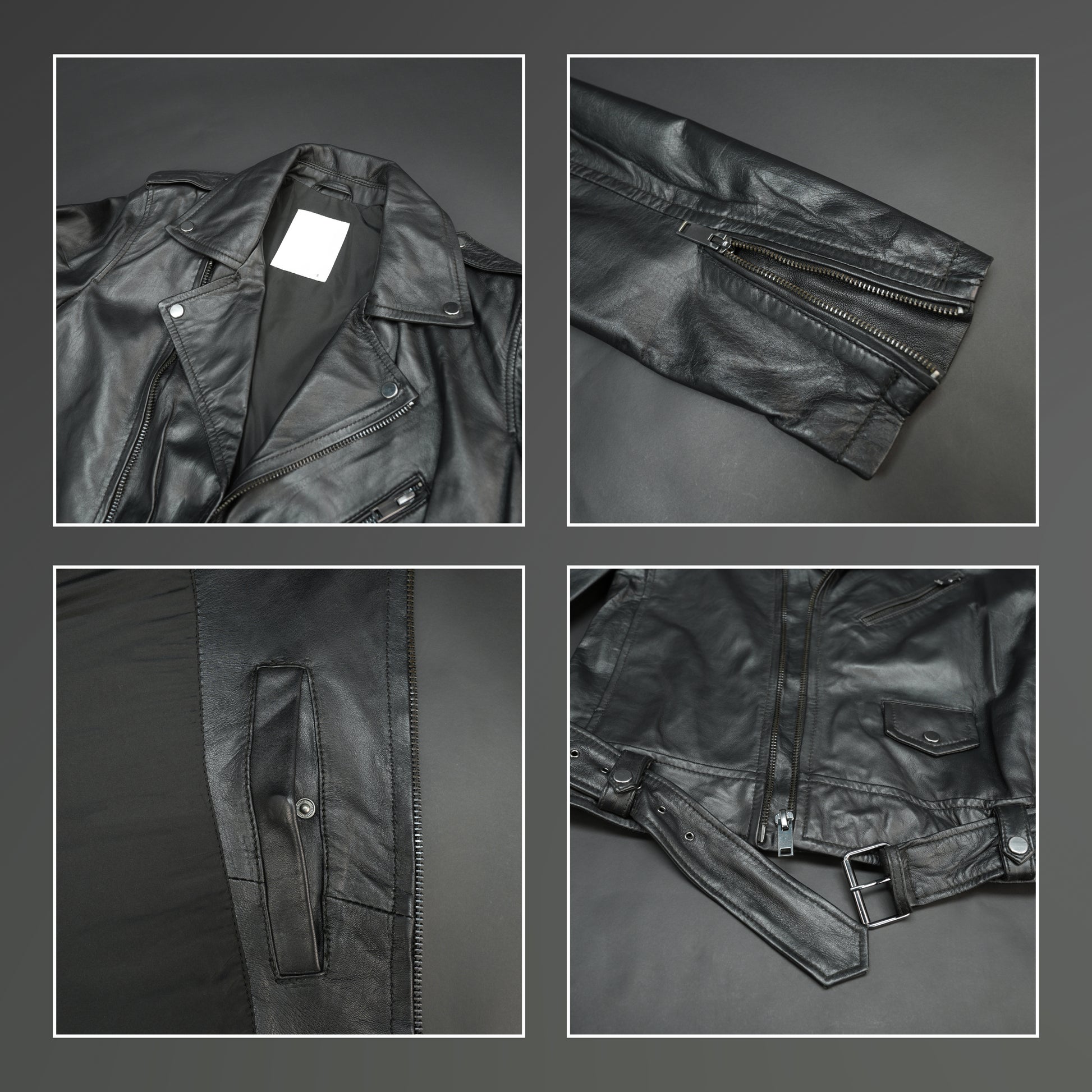 Black sheep leather jacket with adjustable waist belt, two front side pockets, one inside pocket, and zip flap closure
