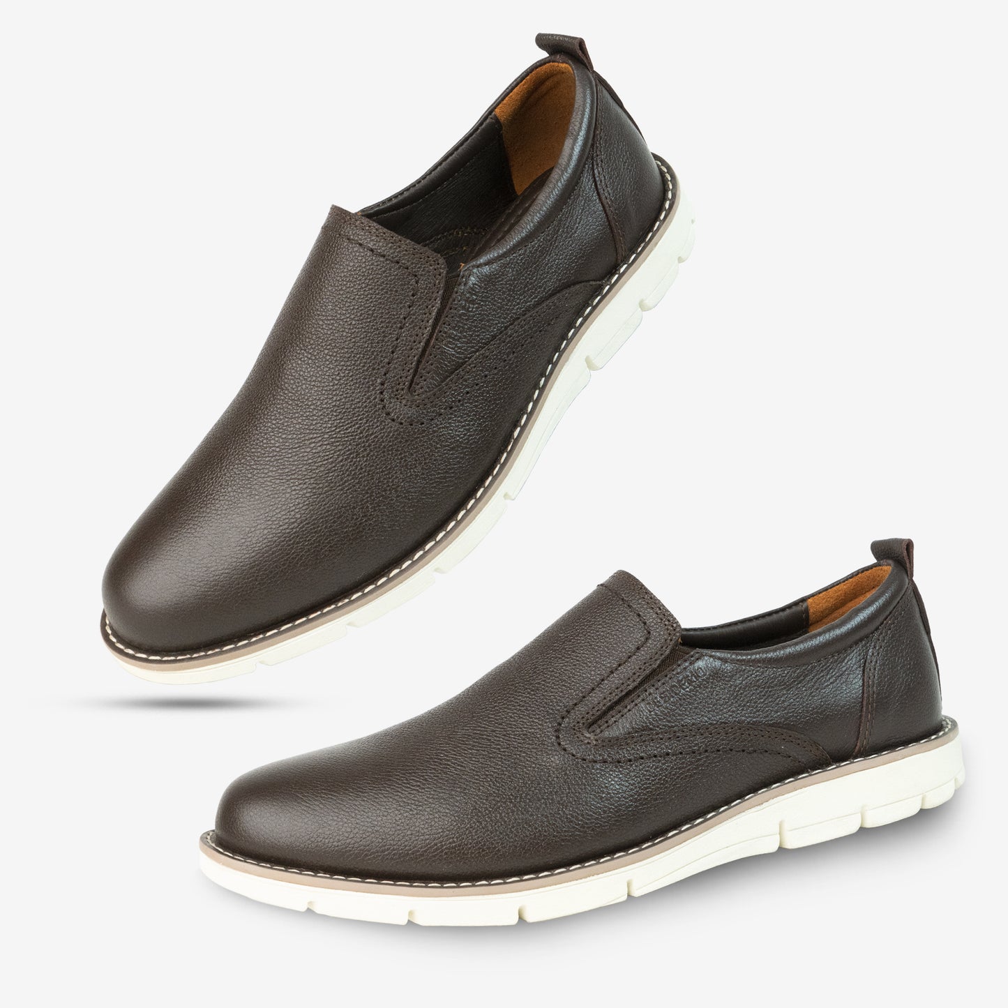 Brown genuine cow leather milled loafer featuring soft sheep lining, stable Texon insole, and flexible EVA sole for all-day comfort