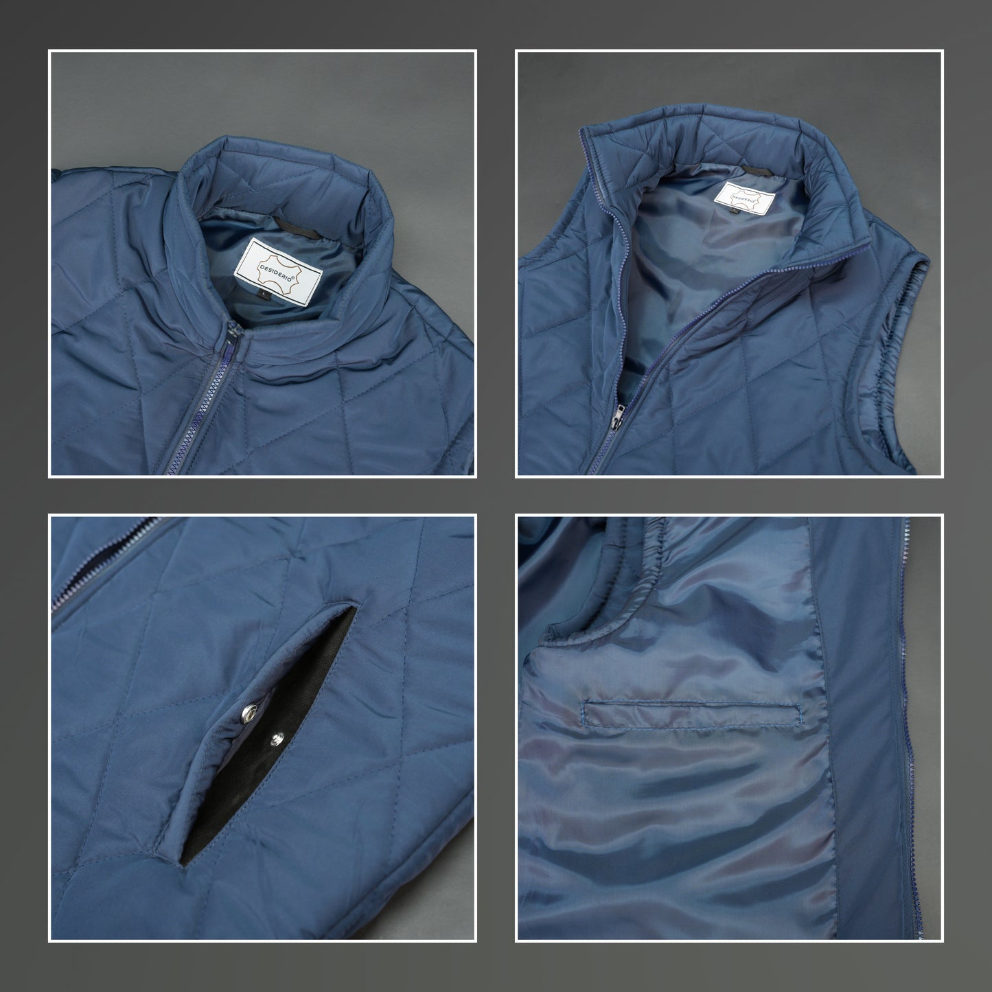 Blue sleeveless puffer vest with zip, side and inside pockets, lightweight for layering