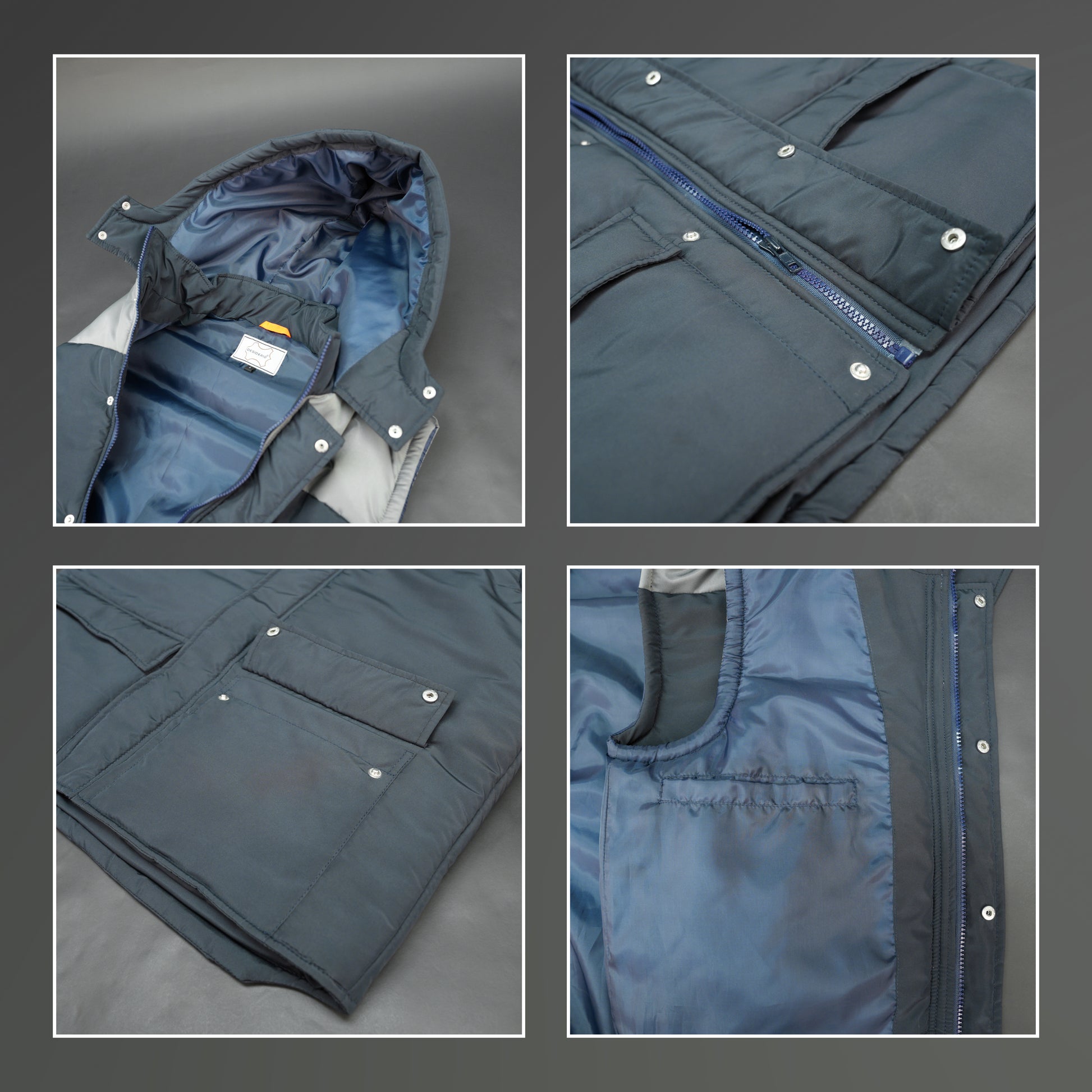 Navy-grey sleeveless puffer jacket with zip and snap closure, hood, side and inner pockets, premium fabric for warmth.