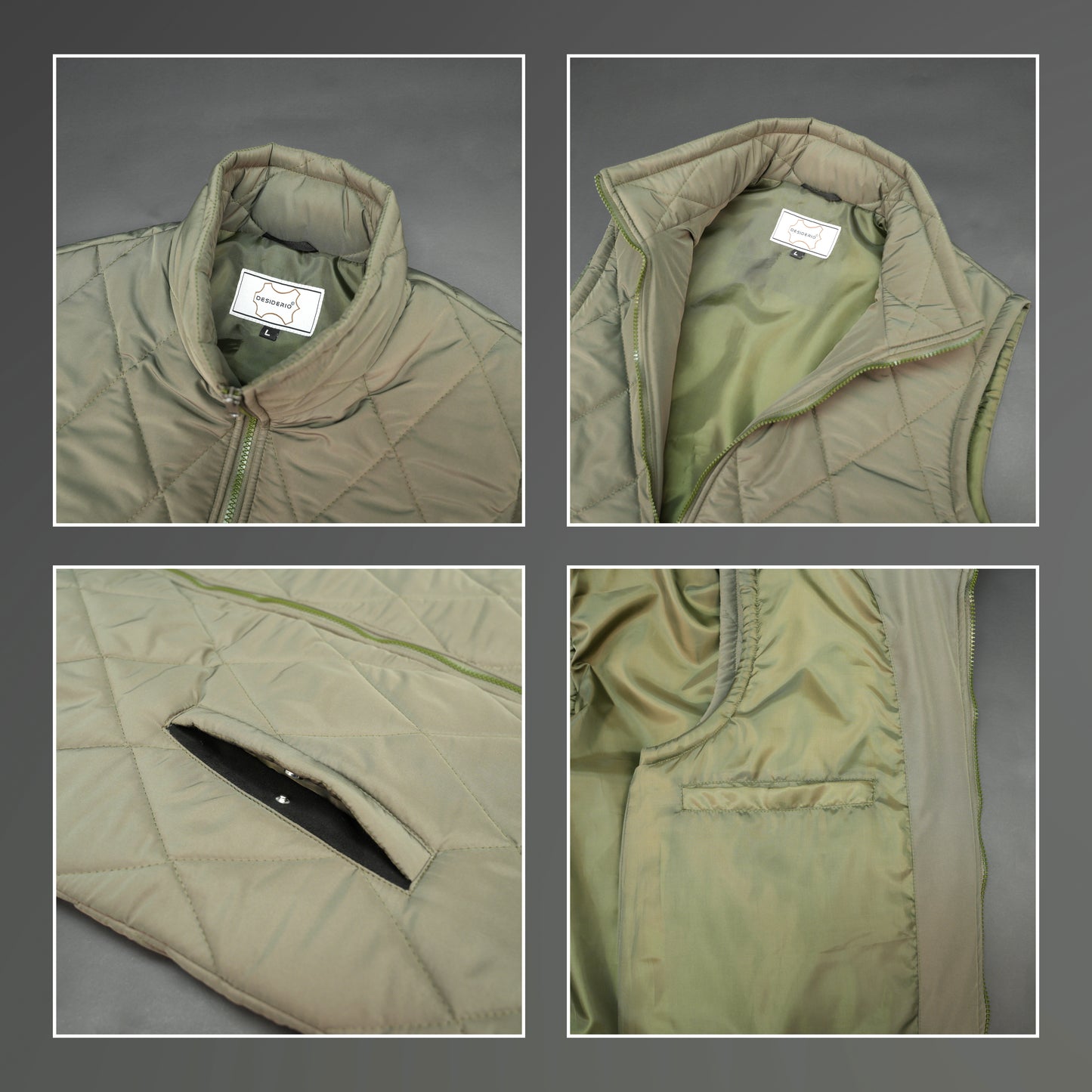 Green sleeveless puffer vest with zip, side and inside pockets, lightweight for layering