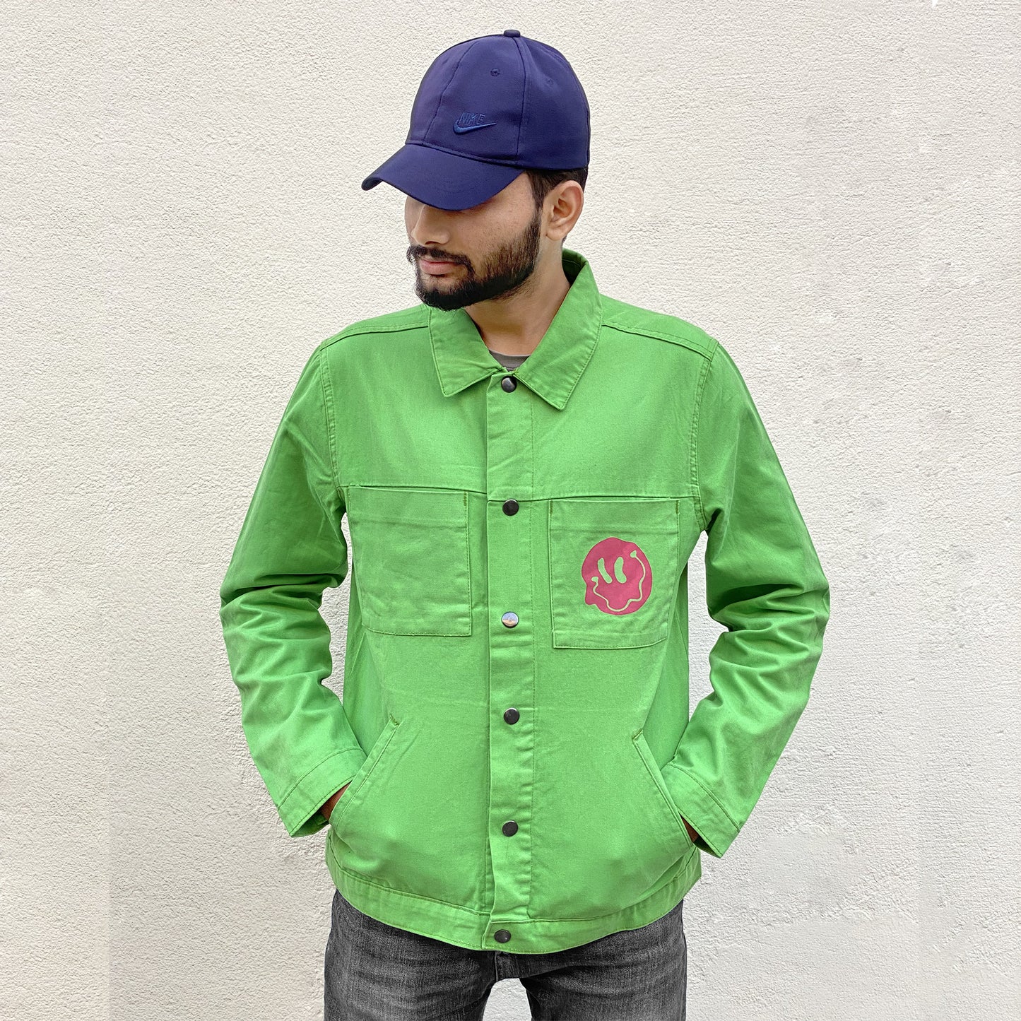 Men's Stay Blessed Back Printed Denim Button Jacket