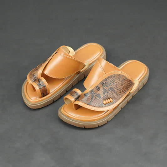 Tan snake-pattern Arabic chappal with PU upper and EVA sole.