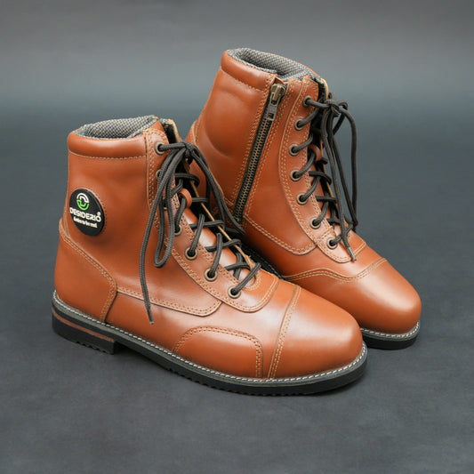 Brown bovine leather motorbike boots with side zipper and black laces.