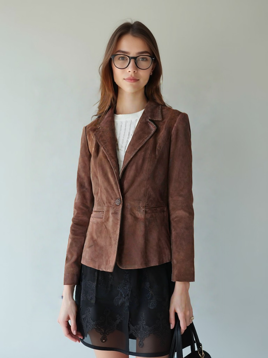 Bruné men’s dark brown leather blazer made from premium goat leather, featuring two functional pockets, combining elegance, durability, and versatile style for casual or formal wear