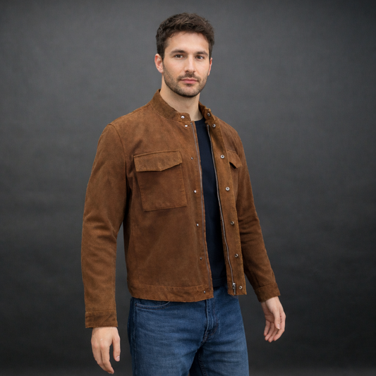 Men’s brown suede leather jacket with button-zip closure, front pocket, and modern fit, combining rugged durability with a refined silhouette