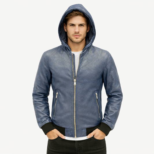 Men’s blue hooded leather jacket made from tumble-washed sheep leather in pastel brown, featuring front zip closure, two exterior pockets, a secure side zip pocket, and a soft, luxurious finish