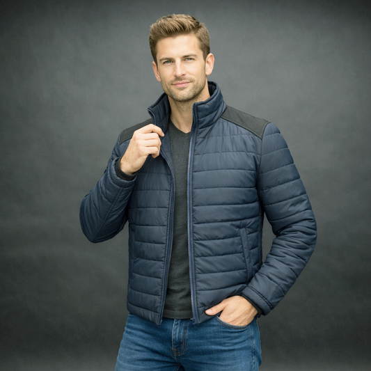 Men’s two-tone quilted puffer jacket in caramel and tan with full sleeves, front zip, side and inner pockets, insulated for warmth