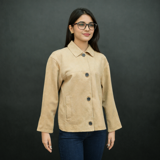 Elara men’s beige suede leather jacket with button closure and front side pockets, combining elegance and everyday versatility