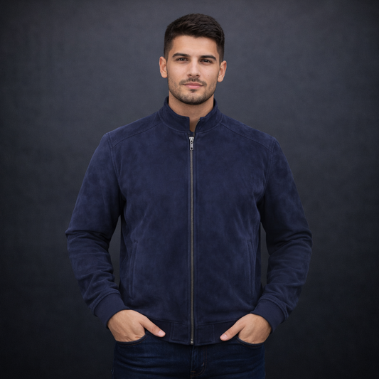 Desiderio men’s cow leather jacket with imported zipper, polyester lining, two hand pockets, two inside pockets, full sleeves, and a plain design, handcrafted for winter style and comfort