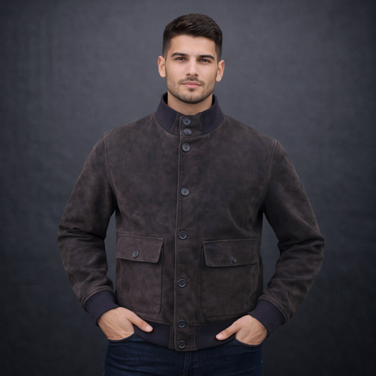Desiderio men’s cow suede leather coat with imported buttons, single-breasted closure, mandarin collar, full sleeves, two hand pockets, and two inside pockets, handcrafted for elegant winter wear