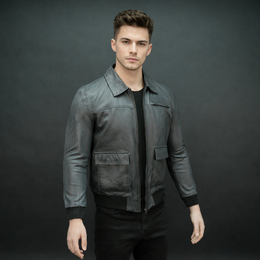Men’s black leather jacket with zip closure, two side pockets, one left arm pocket, and one inside pocket, combining style and everyday functionality