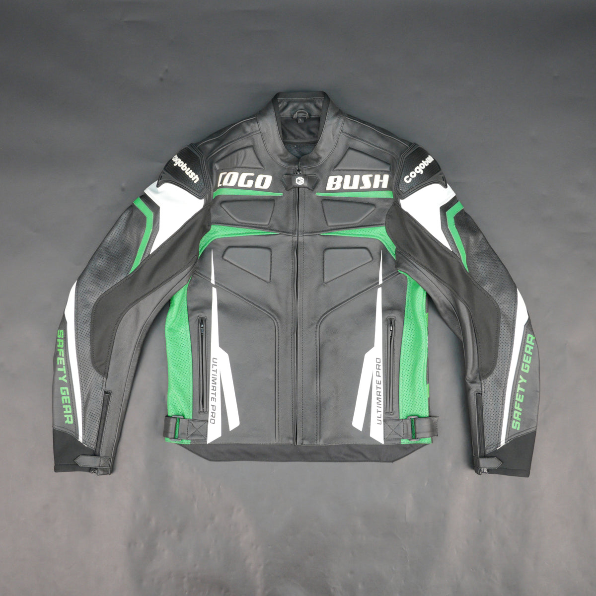 Cogobush Mens Black & Green Ultimate Pro Motorcycle Riding Jacket - Safety Gear Leather & Mesh Bike Jacket #Cogobush #MotorcycleJacket #MensRidingJacket #SafetyGear #BikerGear #Desiderio